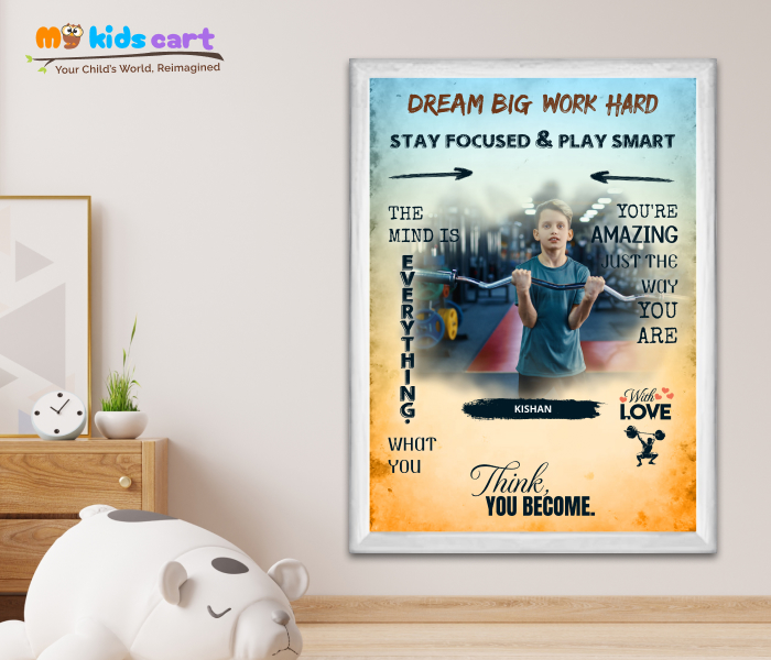 Customized Weightlifting Player Boy Colourful Background Poster Motivational Wall Art White (Framed)