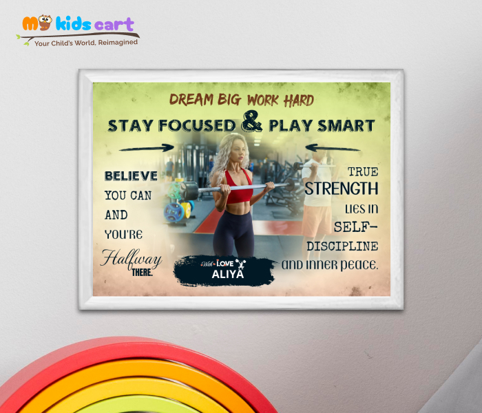 Customized Weightlifting Player Girl Colourful Background Poster Motivational Wall Art White (Framed)