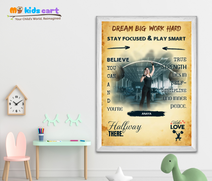 Customized Weightlifting Player Girl Cream Background Poster Motivational Wall Art White (Framed)