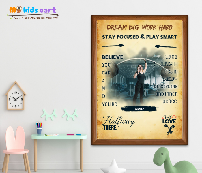 Customized Weightlifting Player Girl Cream Background Poster Motivational Wall Art Wooden (Framed)