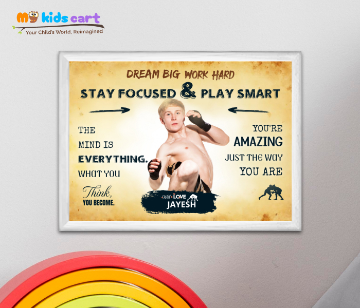 Customized Wrestling Player Boy Cream Background Poster Personalized Motivational Wall Art White (Framed)