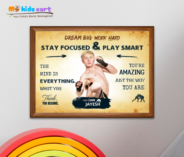 Customized Wrestling Player Boy Cream Background Poster Personalized Motivational Wall Art Wooden (Framed)