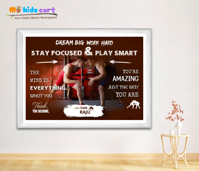 Customized Wrestling Player Brown Background Poster Personalized Motivational Wall Art White (Framed)