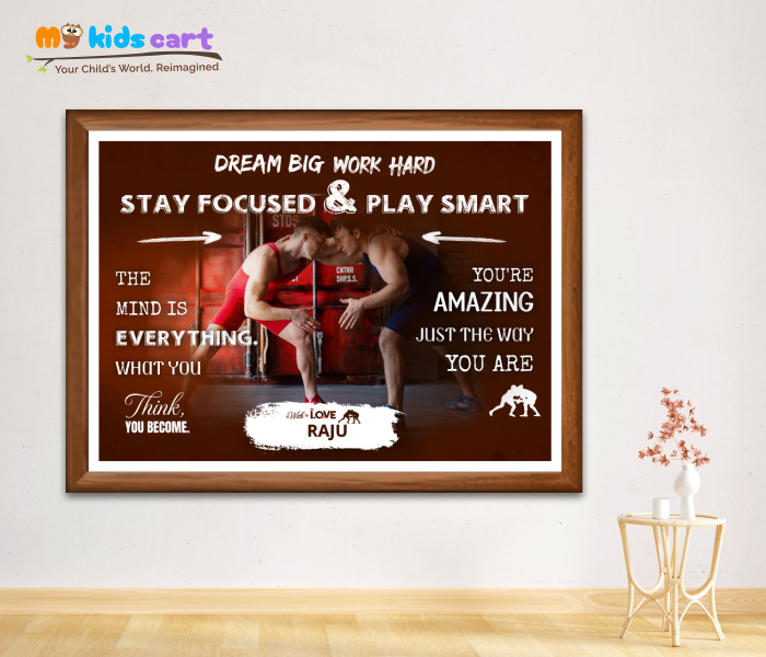 Customized Wrestling Player Brown Background Poster Personalized Motivational Wall Art Wooden (Framed)