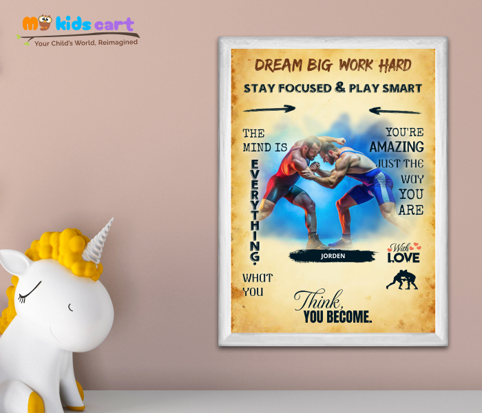 Customized Wrestling Player Cream Background Personalized Motivational Wall Art White (Framed)