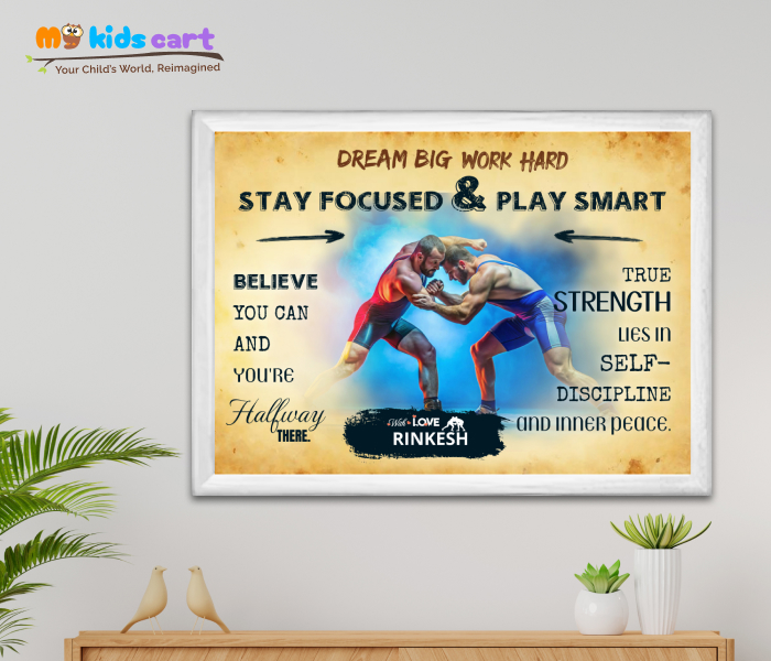 Customized Wrestling Player Cream Background Poster Personalized Motivational Wall Art White (Framed)