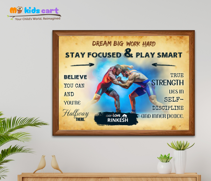 Customized Wrestling Player Cream Background Poster Personalized Motivational Wall Art Wooden (Framed)