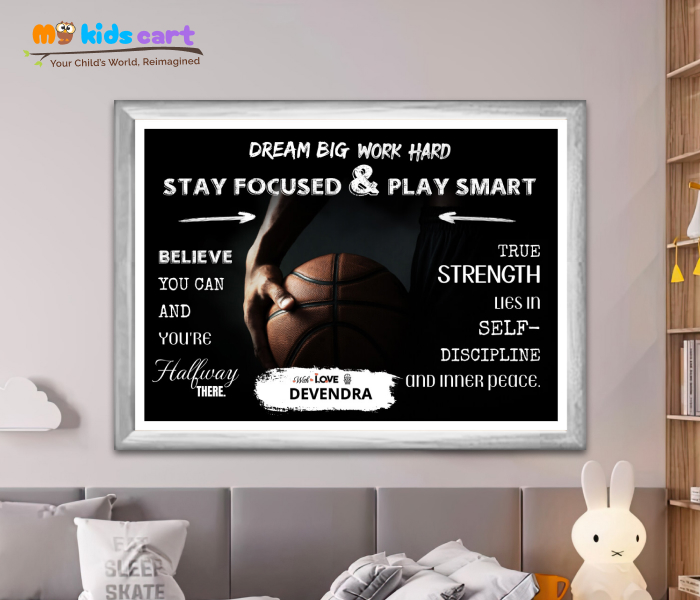 Basketball Player Black Background Motivational Personalized Poster Wall Art White (Framed)