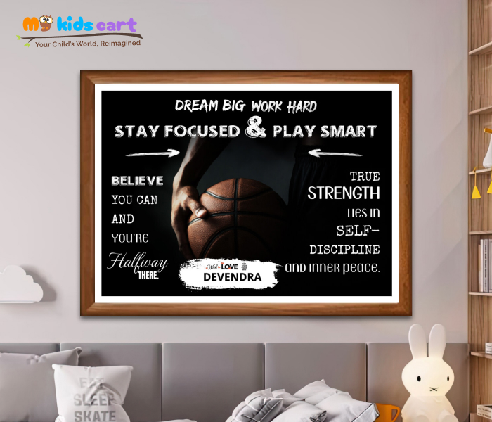 Basketball Player Black Background Motivational Personalized Poster Wall Art Wooden (Framed)