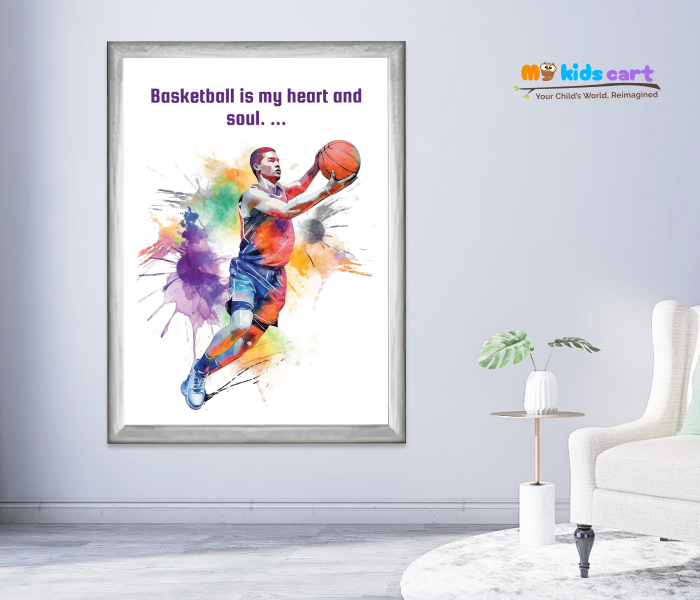 Basketball Player Boy With Color Personalized Motivational Wall Art White (Framed)