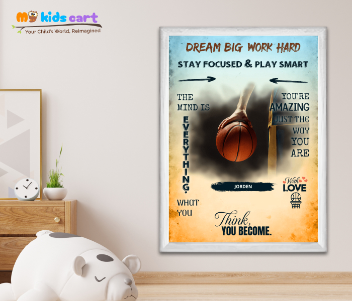 Basketball Team Quote Colorful Background Motivational Personalized Poster Wall Art White (Framed)