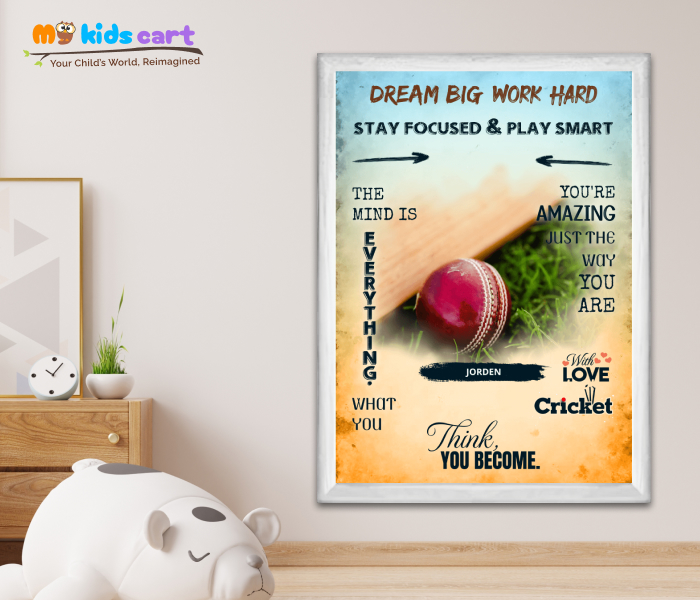 Cricket Blower Personalized Motivational Colourful Background Wall Art White (Framed)