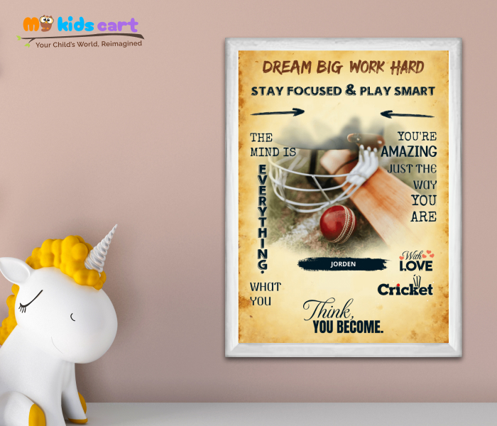 Cricket Player Blowers Personalized Motivational Cream Background Wall Art White (Framed)