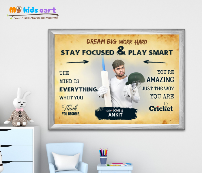 Cricket Player Personalized Motivational Cream Background Wall Art White (Framed)