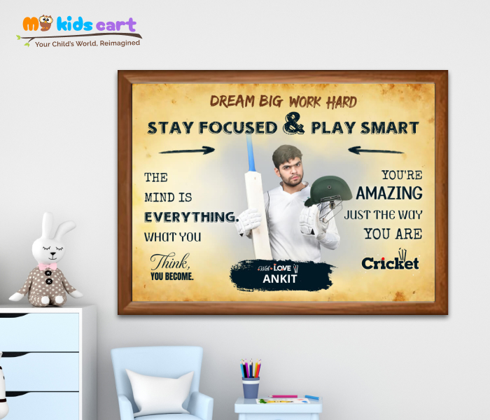 Cricket Player Personalized Motivational Cream Background Wall Art Wooden (Framed)
