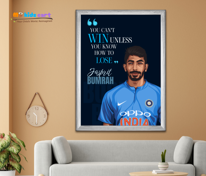Cricketer Jasprit Bumrah Artwork Motivational Quote Poster Wall Art White (Framed)