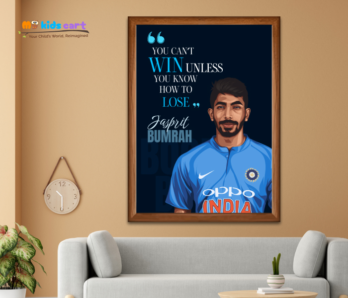 Cricketer Jasprit Bumrah Artwork Motivational Quote Poster Wall Art Wooden (Framed)