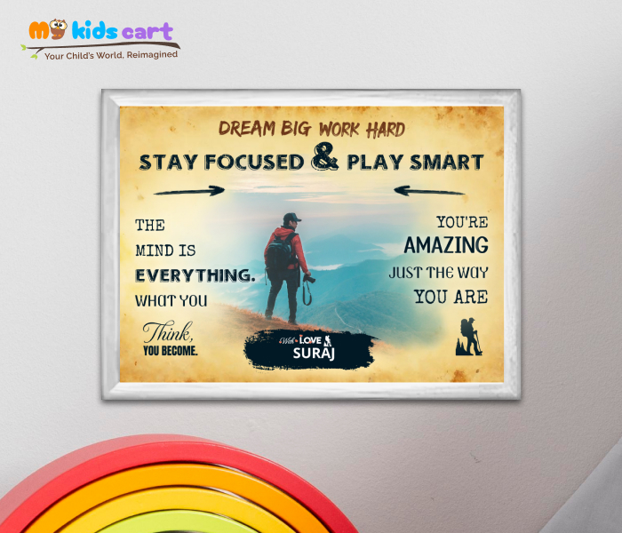 Customized Adventure Boy Cream Background Personalized Motivational Quotes Wall Art White (Framed)