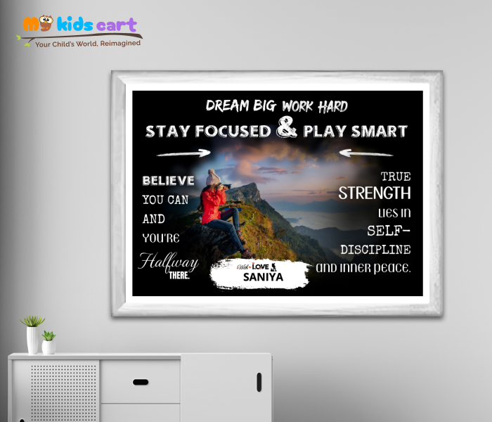 Customized Adventure Girl Black Background Personalized Motivational Quotes Wall Art White (Framed)