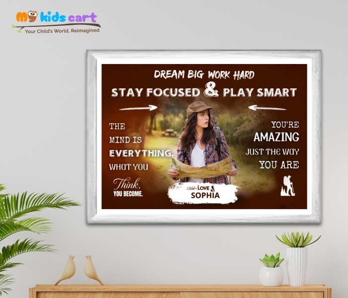 Customized Adventure Girl Brown Background Personalized Motivational Quotes Wall Art White (Framed)