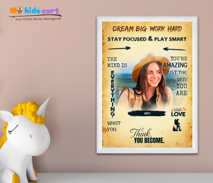 Customized Adventure Girl Cream Background Motivational Quotes Wall Art White (Framed)