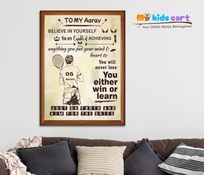 Customized Badminton Player Boy Creamy Background Poster Motivational Quote Wall Art Wooden (Framed)