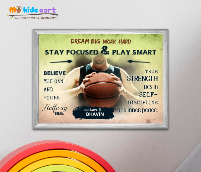 Customized Basketball Colorful Background Portrait Personalized Motivational Wall Art White (Framed)