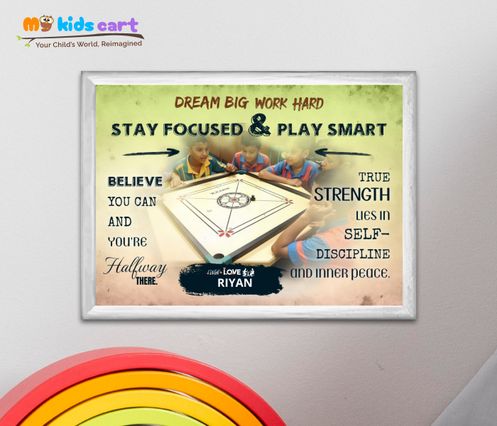 Customized Carrom Player Boy Colourful Background Poster Personalized Motivational Wall Art White (Framed)