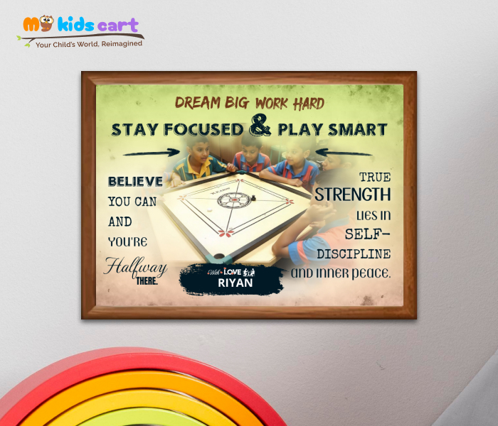 Customized Carrom Player Boy Colourful Background Poster Personalized Motivational Wall Art Wooden (Framed)