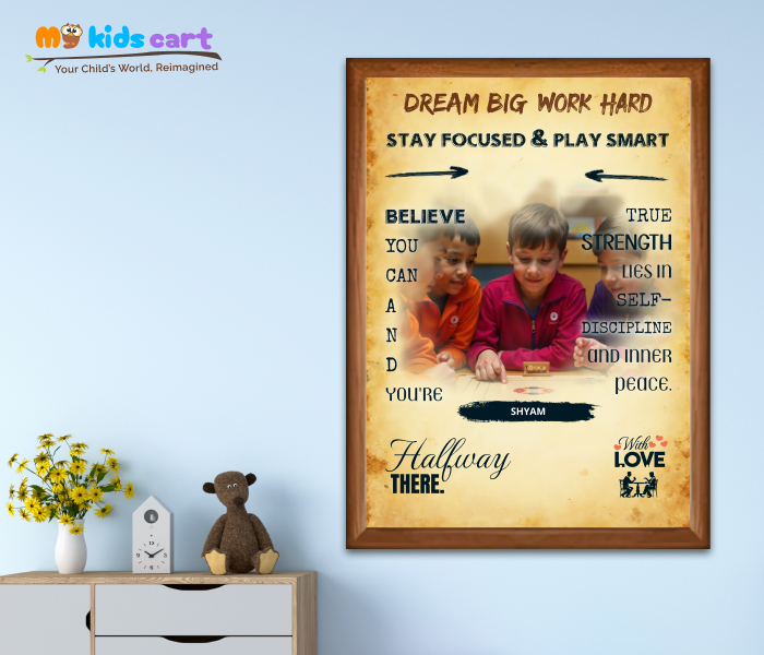 Customized Carrom Player Boy Cream Background Personalized Motivational Wall Art Wooden (Framed)