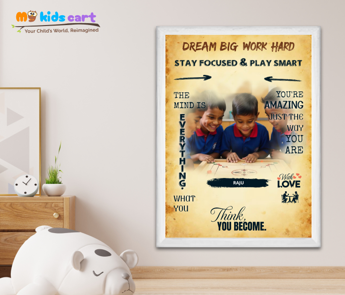 Customized Carrom Player Cream Background Personalized Motivational Wall Art White (Framed)