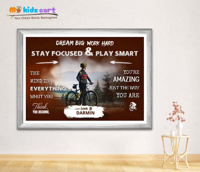 Customized Cycling Boy Brown Background Poster Personalized Motivational Wall Art White (Framed)