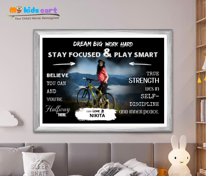 Customized Cycling Girl Black Background Poster Personalized Motivational Wall Art White (Framed)