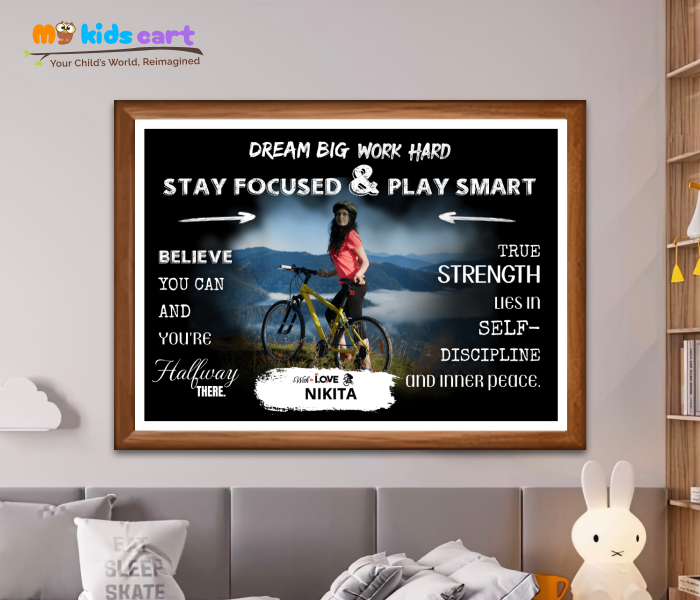 Customized Cycling Girl Black Background Poster Personalized Motivational Wall Art Wooden (Framed)