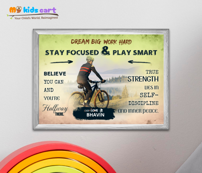 Customized Cycling Player Boy Colorful Background Poster Personalized Motivational Wall Art White (Framed)