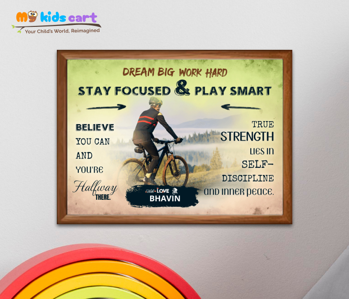 Customized Cycling Player Boy Colorful Background Poster Personalized Motivational Wall Art Wooden (Framed)
