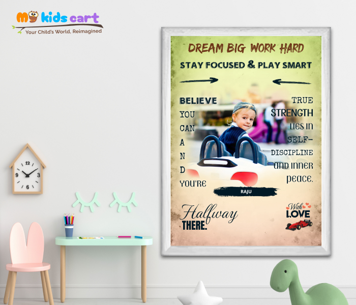 Customized F1 Formula Car Boy Colourful Background Personalized Motivational Wall Art White (Framed)