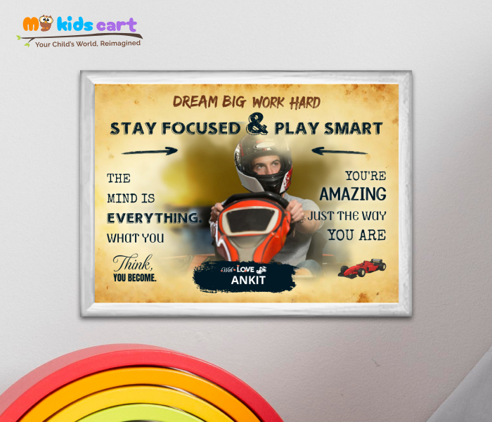 Customized F1 Formula Car Boy Cream Background Personalized Motivational Wall Art White (Framed)