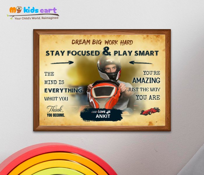 Customized F1 Formula Car Boy Cream Background Personalized Motivational Wall Art Wooden (Framed)