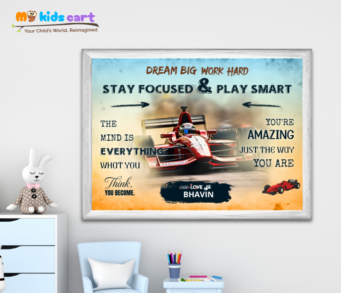 Customized F1 Formula Car Colorful Background Personalized Motivational Wall Art White (Framed)