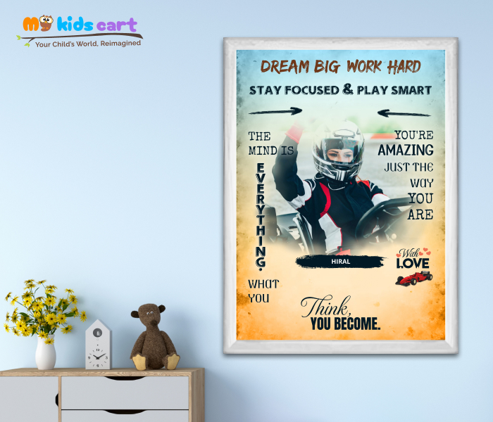 Customized F1 Formula Car Girl Colourful Background Personalized Motivational Wall Art White (Framed)