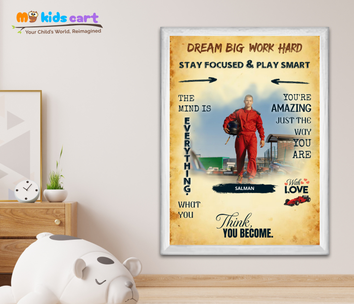 Customized F1 Formula Car Player Boy Cream Background Personalized Motivational Wall Art White (Framed)