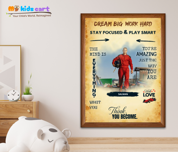 Customized F1 Formula Car Player Boy Cream Background Personalized Motivational Wall Art Wooden (Framed)