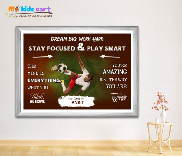 Customized Football Boy Brown Background Poster Personalized Motivational Wall Art White (Framed)