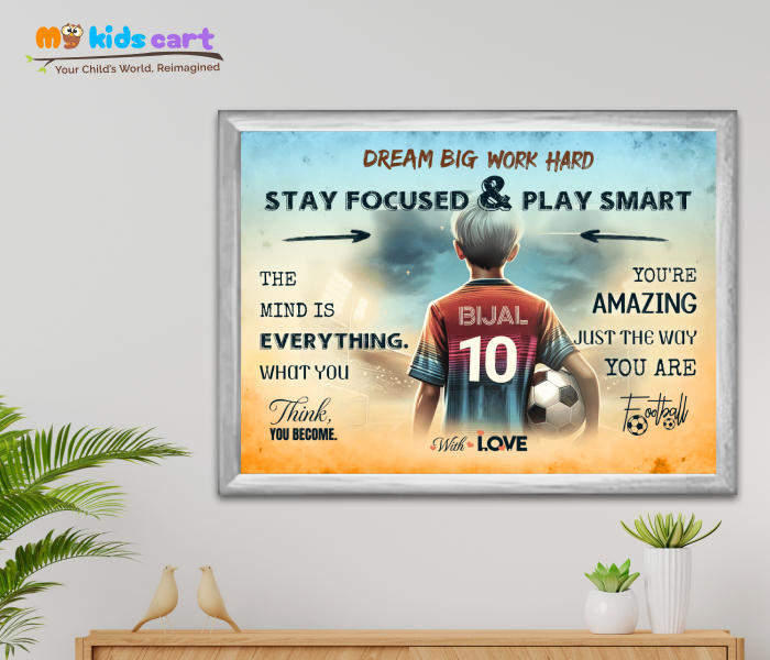 Customized Football Boy Colourful Background Personalized Motivational Wall Art White (Framed)