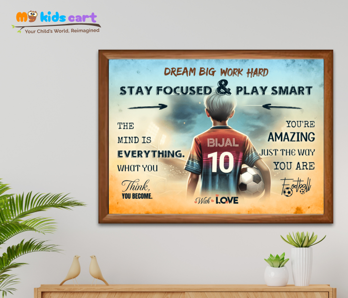 Customized Football Boy Colourful Background Personalized Motivational Wall Art Wooden (Framed)