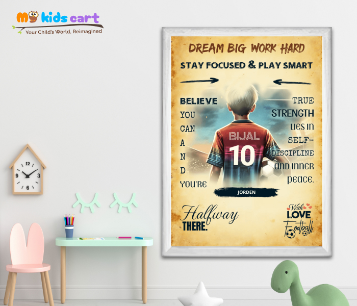 Customized Football Boy Cream Background Motivational Wall Art White (Framed)