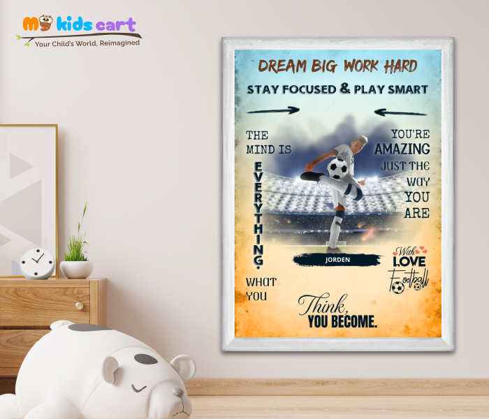 Customized Football Player Boy Colorful Background Poster Personalized Motivational Wall Art White (Framed)