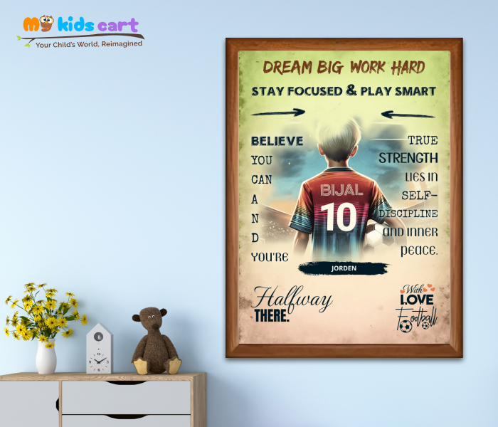 Customized Football Player Boy Colourful Background Motivational Wall Art Wooden (Framed)