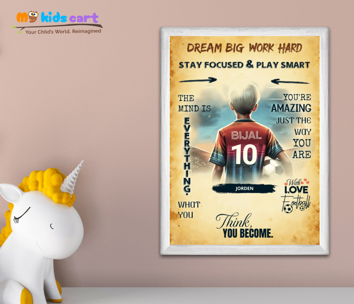 Customized Football Player Boy Cream Background Motivational Wall Art White (Framed)